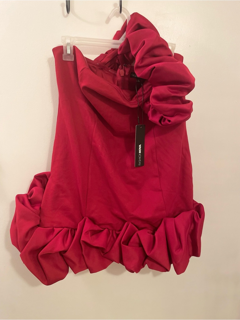 One-Shoulder Ruffle Hem Mini Dress in Red - Picture 4 of 4